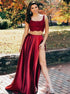 Two Pieces Satin Straps Lace Up Prom Dresses with Slit LBQ0256
